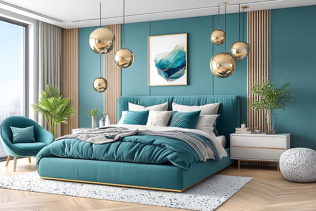 Teal & Brushed Bronze Bedroom