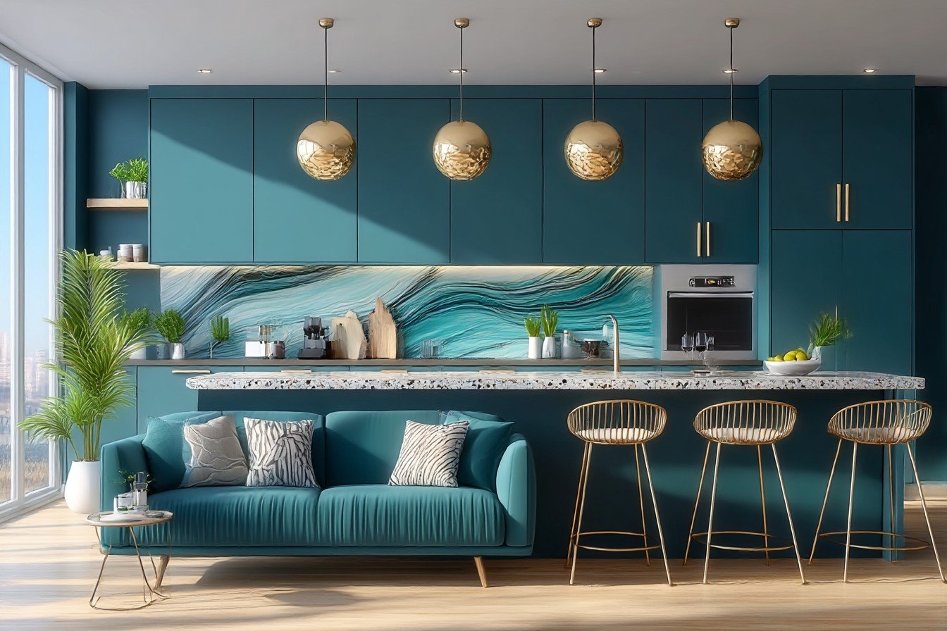 Teal & Brushed Bronze Open Plan Kitchen